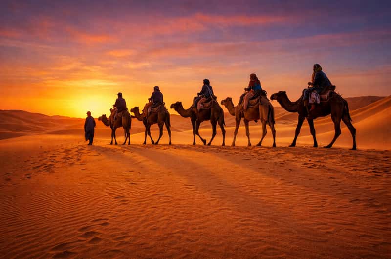 Camel caravan in the Sahara Desert Morocco