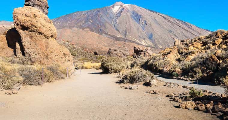 Teide and rock formations on sandy path