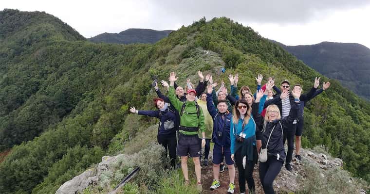 Hikers waving on green ridge