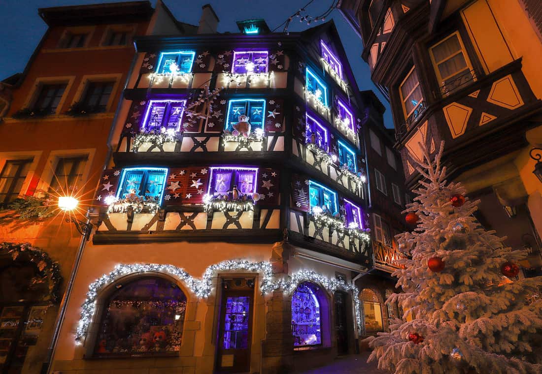 Half-timbered houses lit for Christmas — Colmar