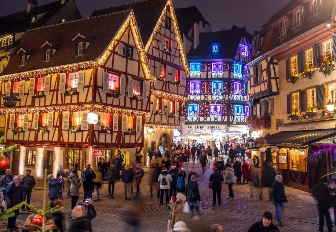 An evening crowd in the old town — Colmar