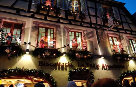 Christmas decorations on a restaurant facade on the villages tour from Colmar