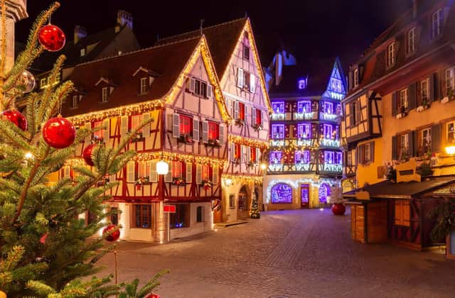 Christmas lights on half-timbered houses on the 2-day trip from Paris