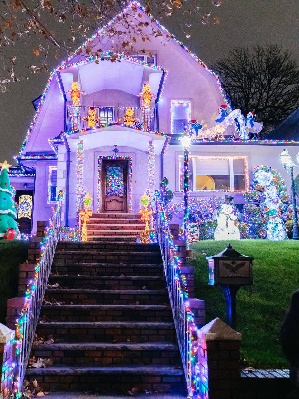 Purple-lit house with a staircase and small trees