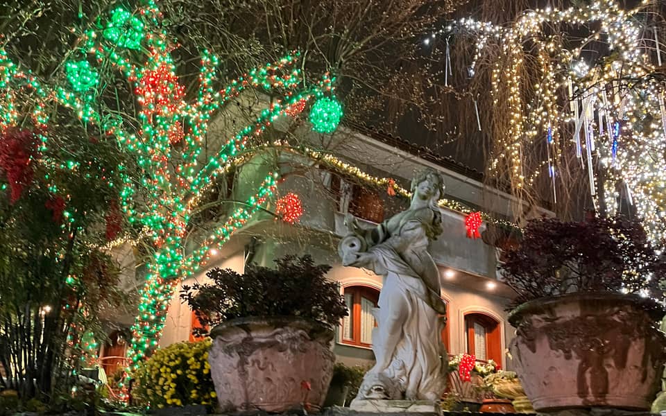 Green-lit house with a statue in the garden