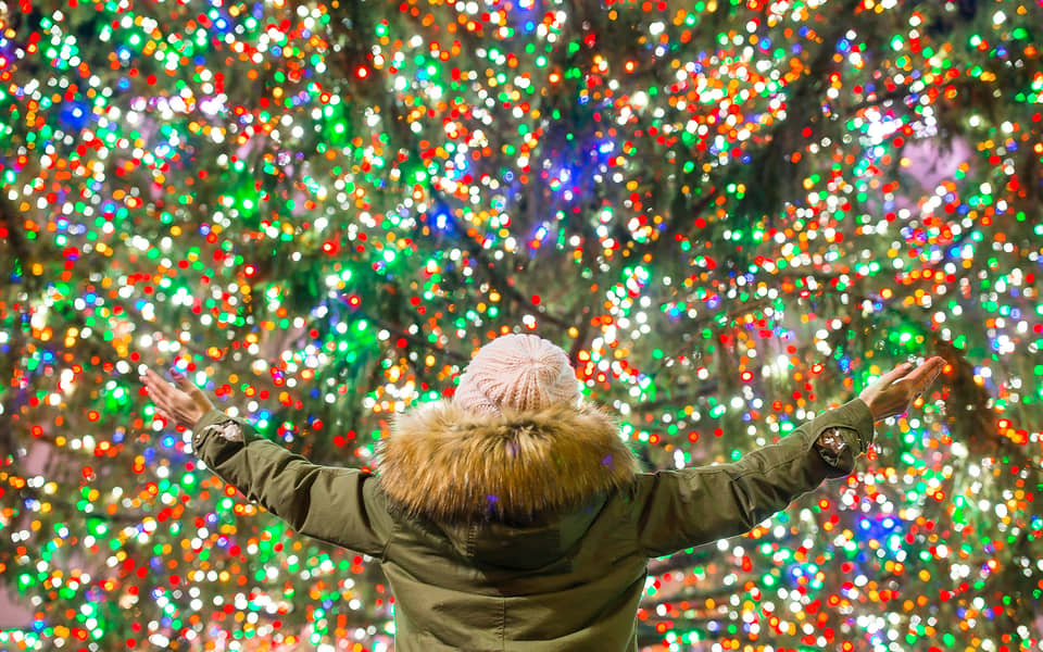 Person with arms spread in front of a tree covered in multicoloured lights