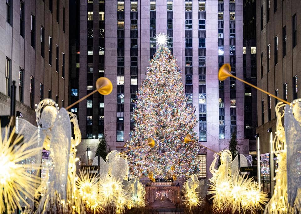Rockefeller Center Christmas tree with illuminated angels