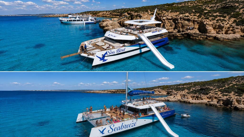 Cruise boats moored in the clear water off Comino