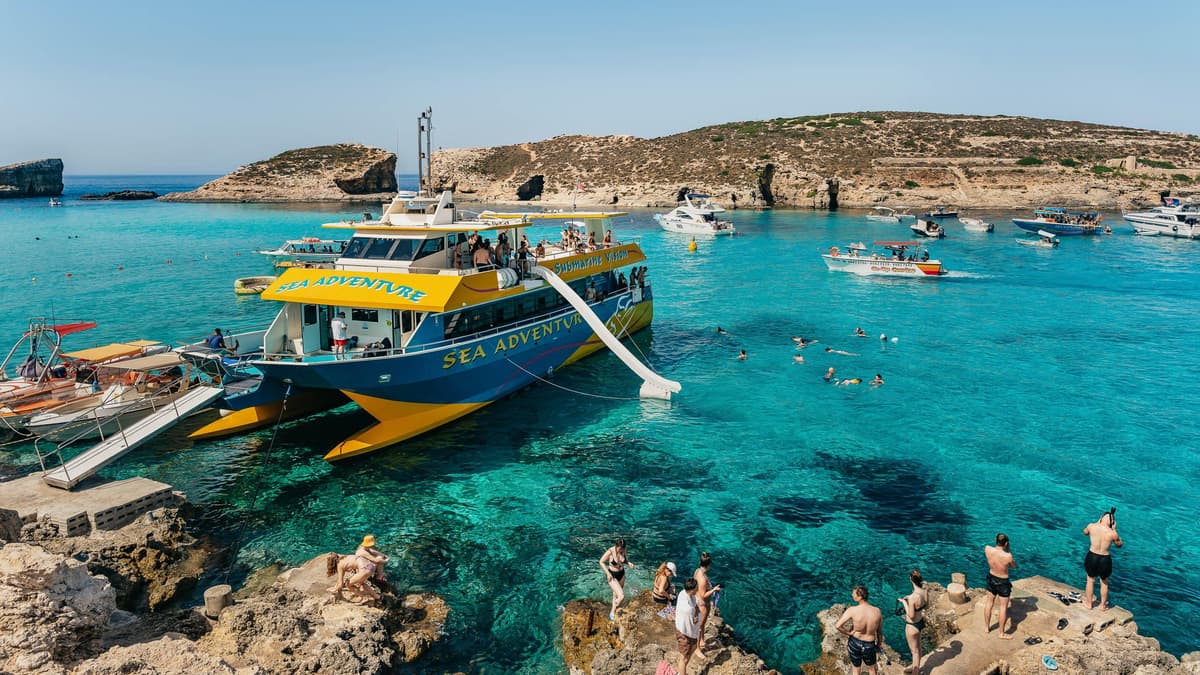 Turquoise water of the Blue Lagoon between Comino and Cominotto