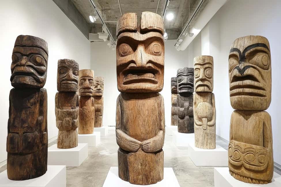 Wooden totem sculptures displayed in a modern art gallery, showcasing intricate carvings and various colors of wood.