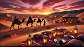 Marrakesh: Apus de soare în deșertul Agafay, plimbare cu cămila și cină cu spectacol