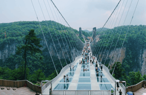 Towering sandstone pillars surrounding the bridge