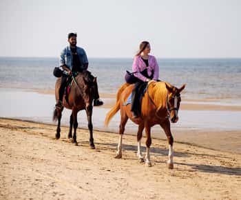 Randonnée à cheval à Riga le long de la plage