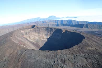 Panoramic helicopter flight over Piton de la Fournaise