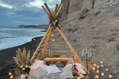 Santorini: Vlychada Beach Boho Proposal with Wooden Tent