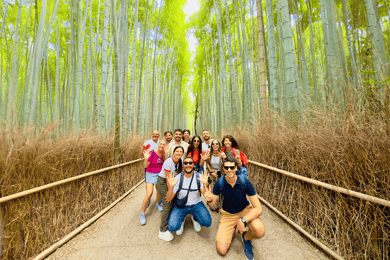 京都：嵐山隠れた小道、竹林、猿、禅庭園