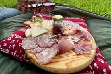 Picnic in vineyards with Bottle of Brunello di Montalcino