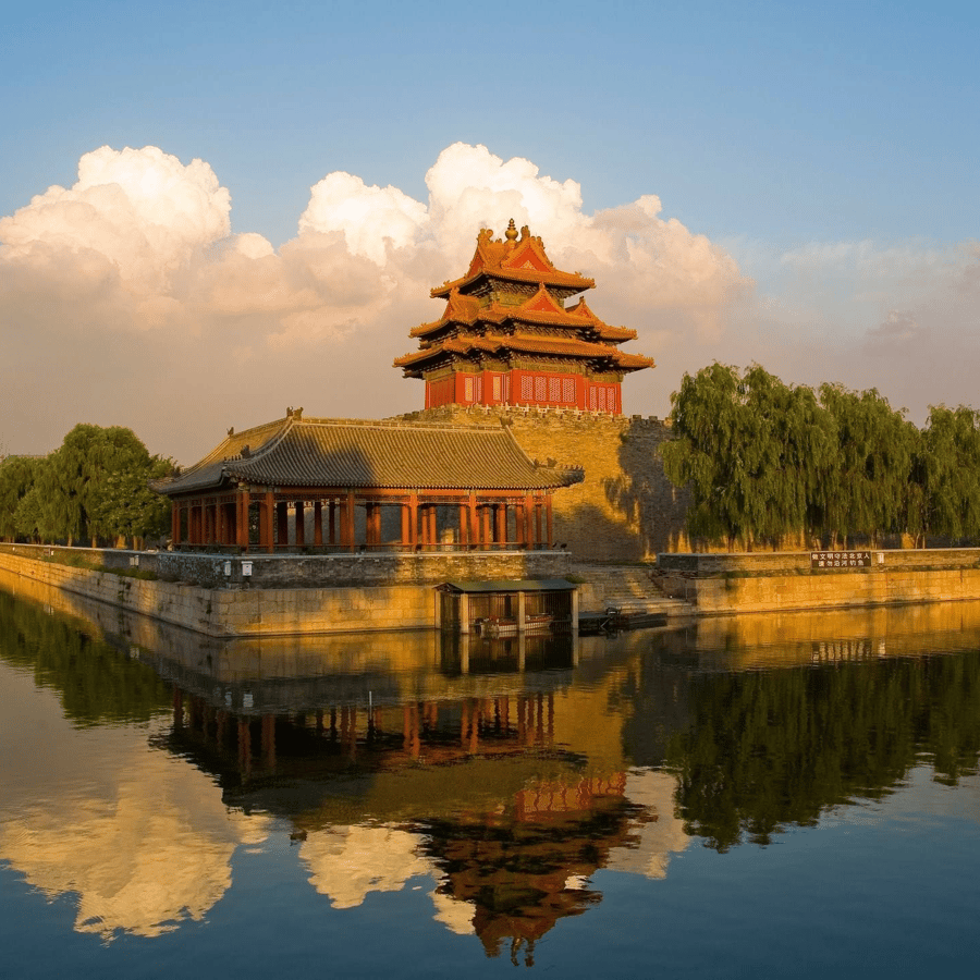 北京の紫禁城 夕暮れ時の北京紫禁城の空撮 | Premium写真