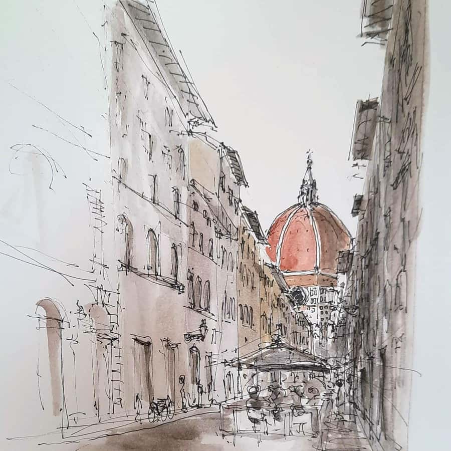 水彩画 イタリアのフィレンツェの街並 サイン入り 水彩画 イタリアのフィレンツェの街並 サイン入り