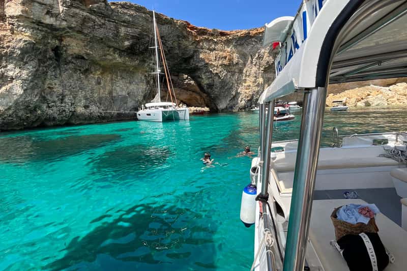 From Gozo:Around Comino, Blue Lagoon, Crystal Lagoon & Caves