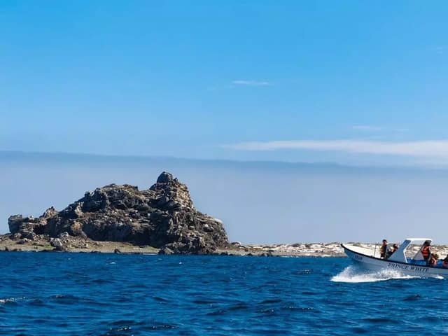 Kleines Boot nähert sich einer felsigen Insel