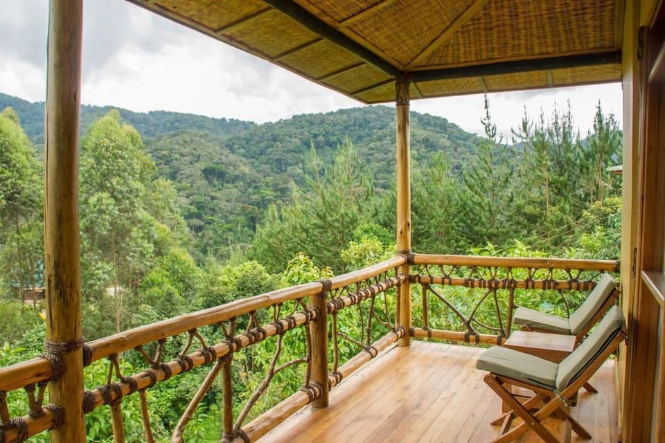 Lodge balcony looking over forested hills