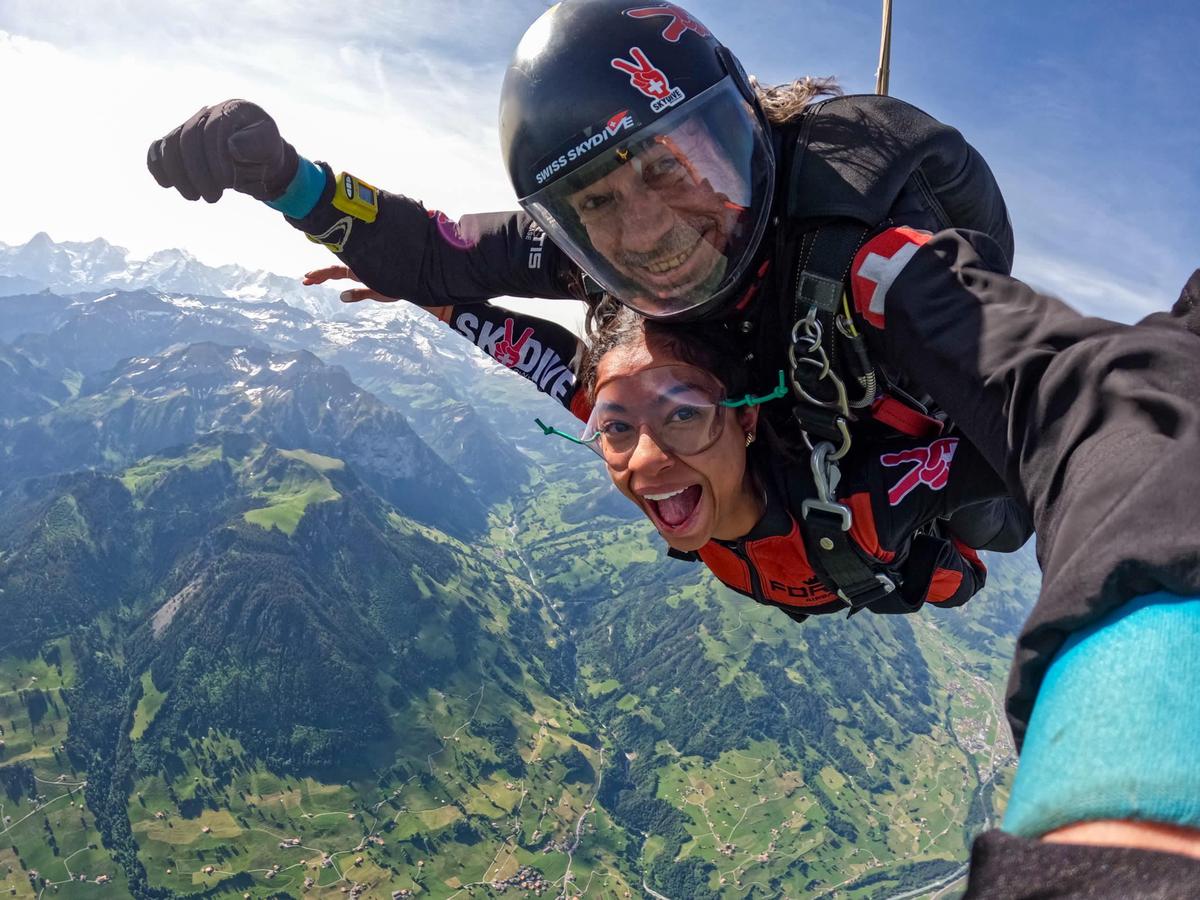 Tandem skydive parachute open over Reichenbach airfield, Switzerland