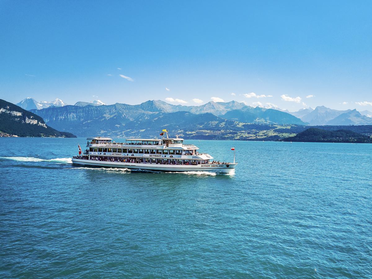 Upper deck of the Lake Thun boat with panoramic views