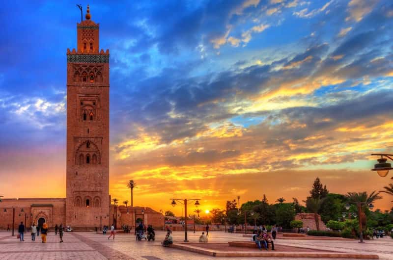 Majestic Koutoubia minaret sunset Marrakech Morocco – iconic Marrakech Morocco travel landmark