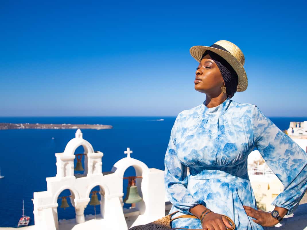 Professionele fotoshoot Oia Santorini blauwe koepels