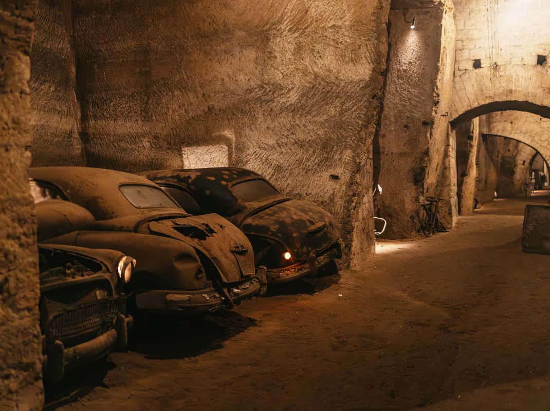 Bezoekers die door de verlichte Bourbontunnel in Napels lopen