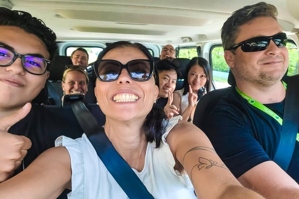 Comfortable modern minibus tour at Plitvice Lakes National Park with travelers enjoying the view Comfortable modern minibus tour at Plitvice Lakes National Park with travelers enjoying the view