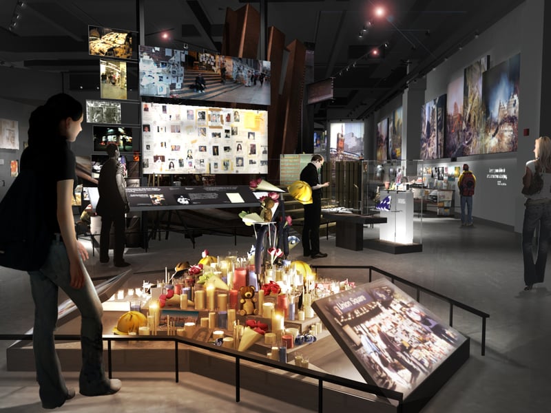 Guided walking tour group at the 9/11 Memorial reflecting pools with One World Trade Center in New York City Guided walking tour group at the 9/11 Memorial reflecting pools with One World Trade Center in New York City