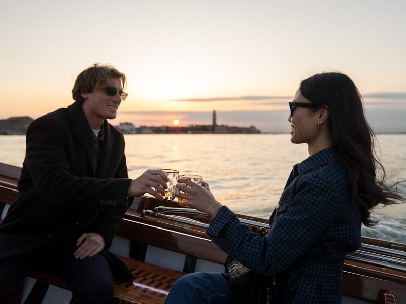 Romantic private sunset cruise on Venice lagoon with prosecco toast and view of historic city skyline Romantic private sunset cruise on Venice lagoon with prosecco toast and view of historic city skyline