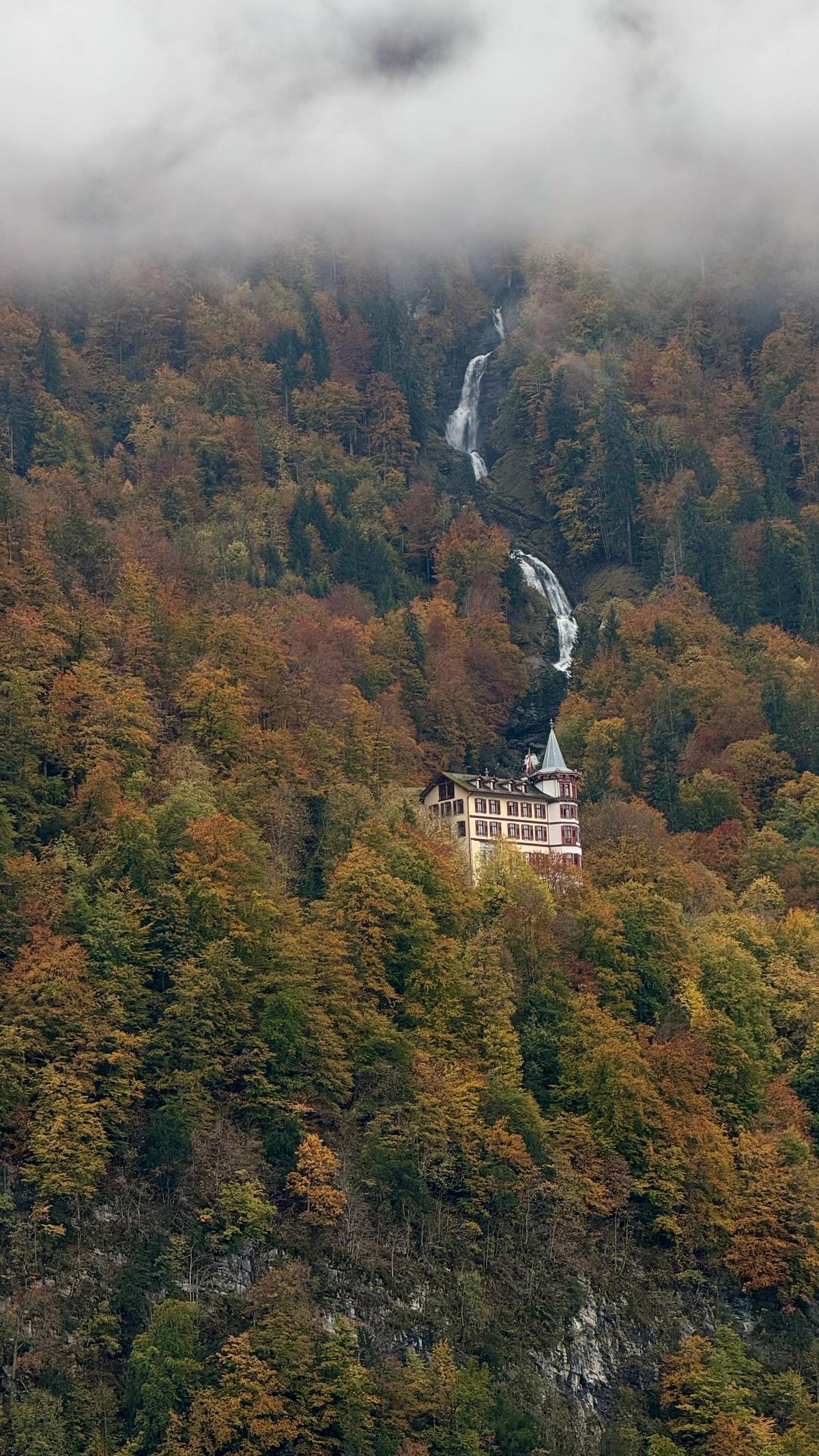 The Giessbach Falls and the Grandhotel above the lake