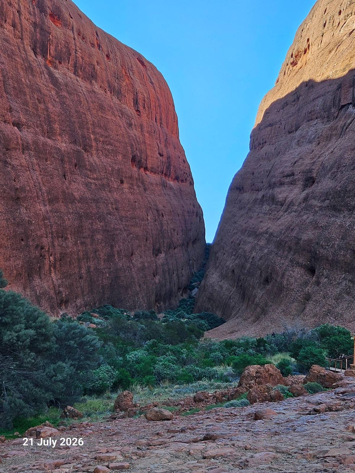 The walls of Walpa Gorge with green scrub below