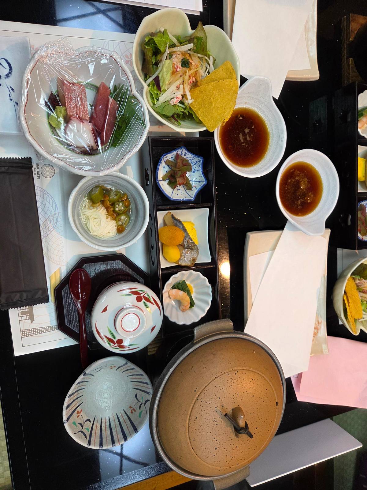 A course dinner laid out for one guest