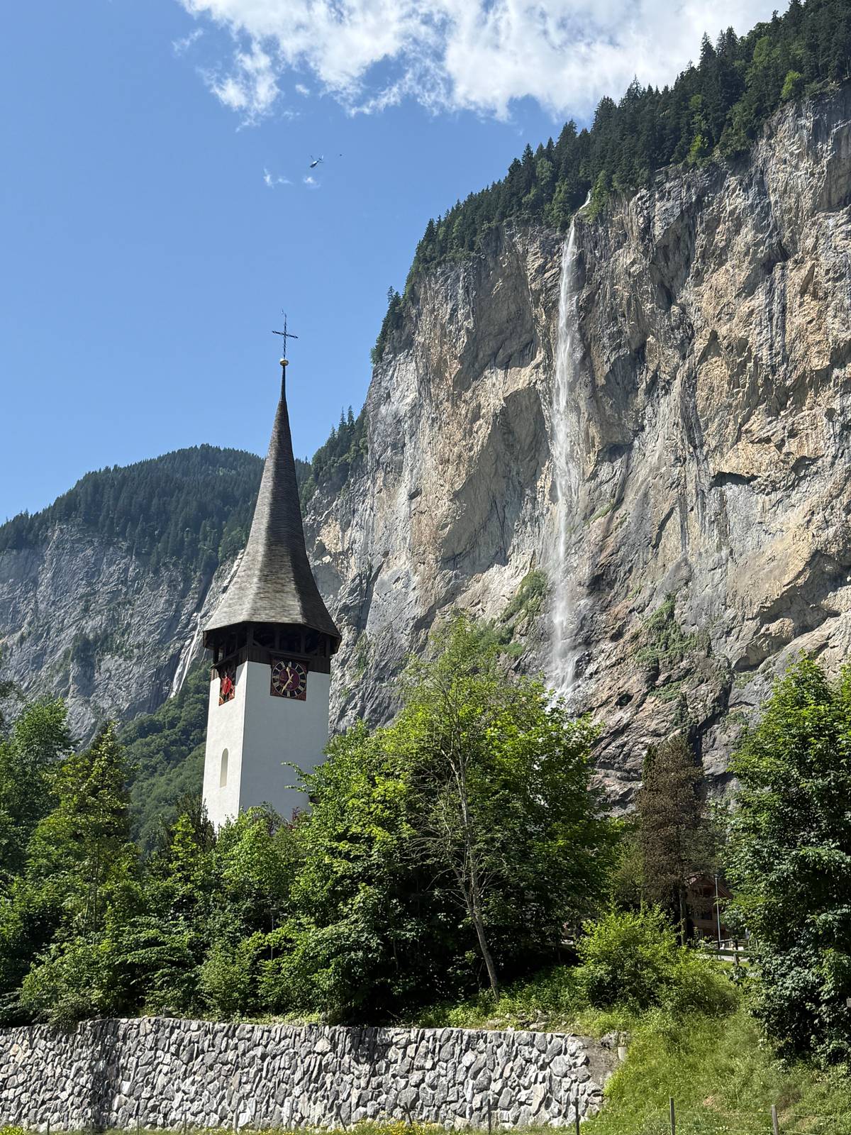 The church spire and the long drop of Staubbach