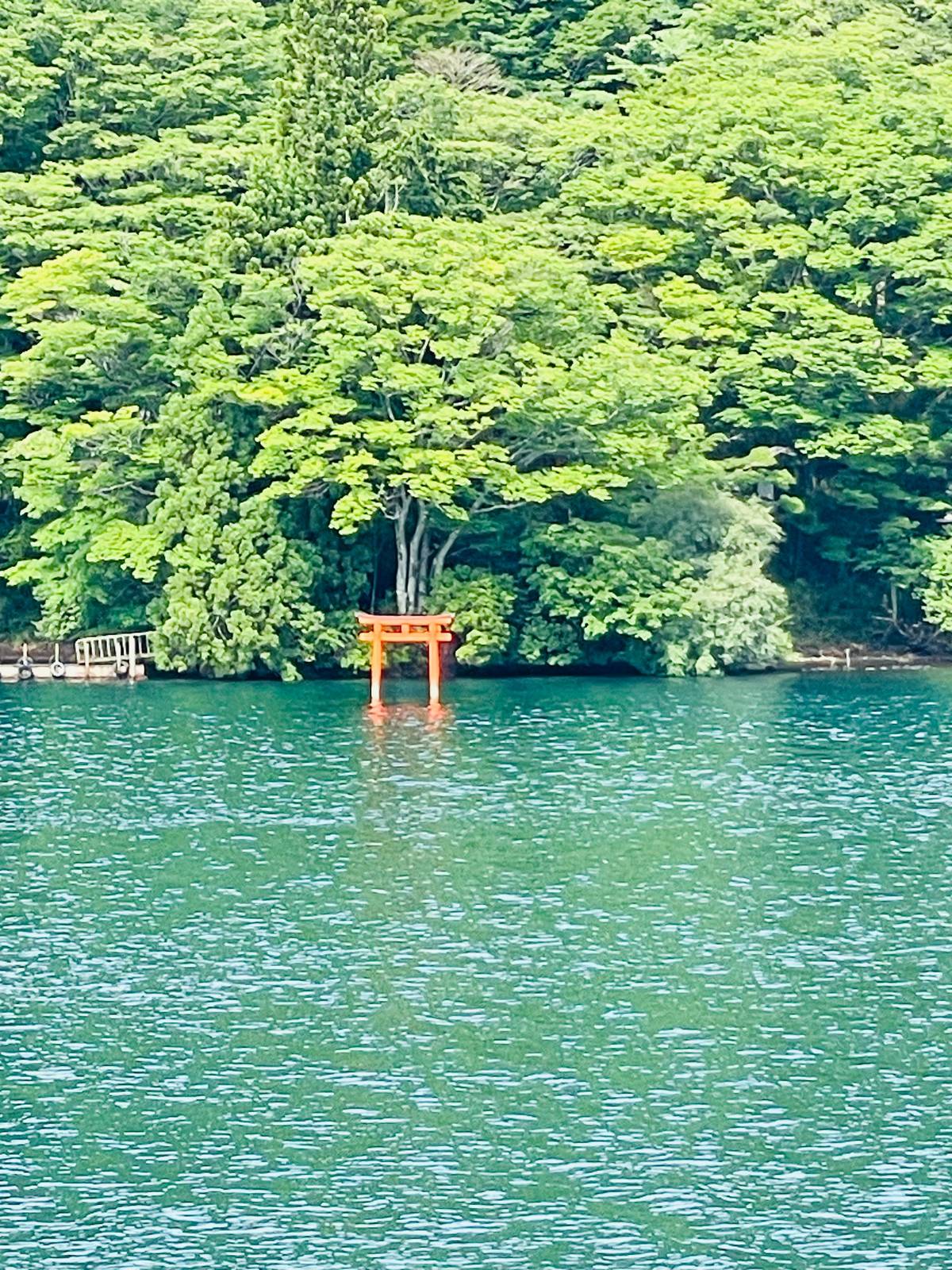 The torii of Hakone Shrine standing in green lake water