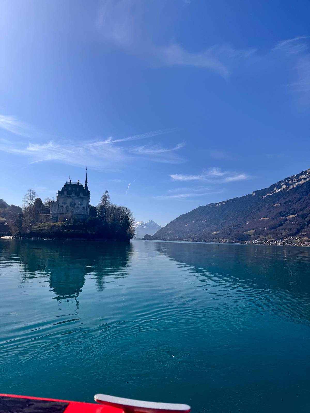 The wooded peninsula at Iseltwald seen from the lake