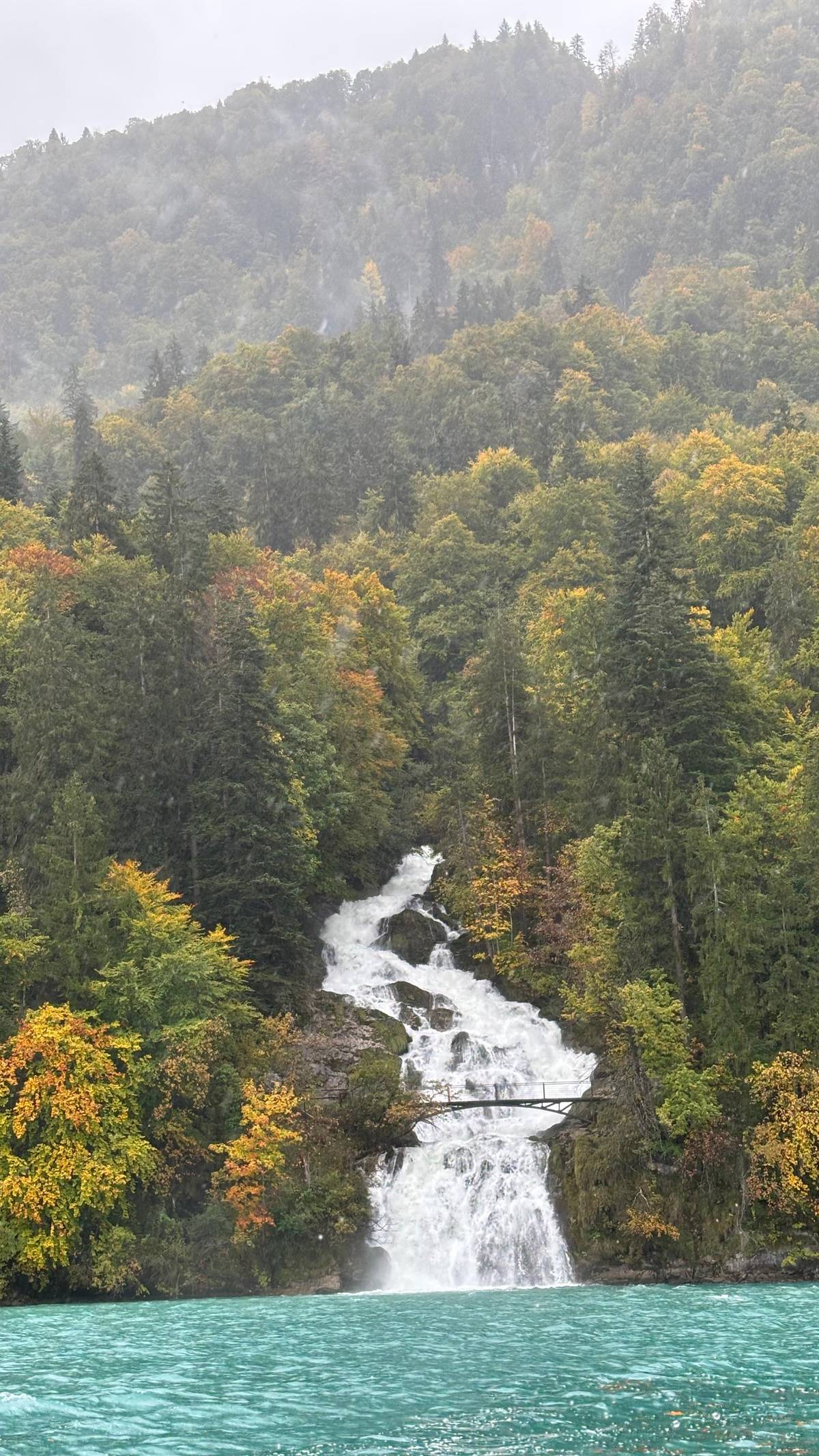 A cascade of the Giessbach Falls seen from the water