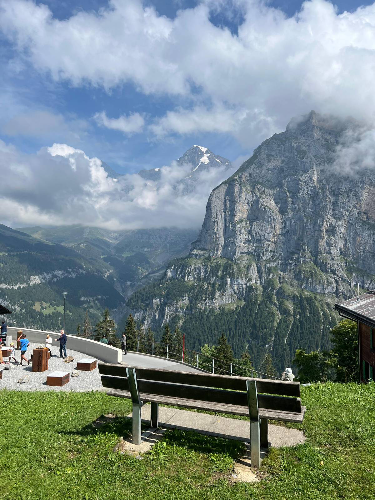 A viewpoint with benches looking across the valley