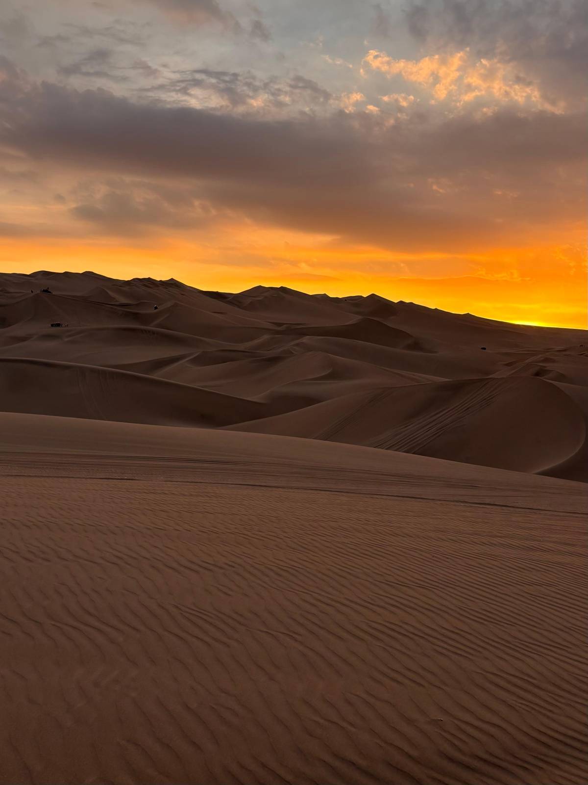 Rows of dunes under an orange evening sky