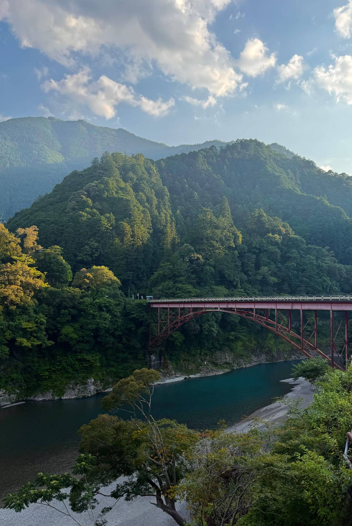 A river gorge and red bridge seen on the way