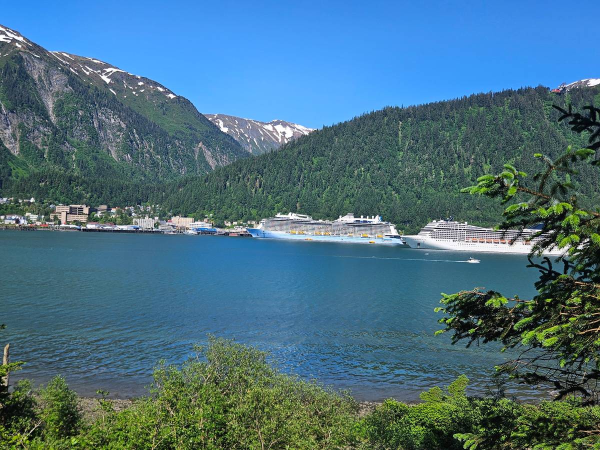 Cruise ships moored below Mount Juneau