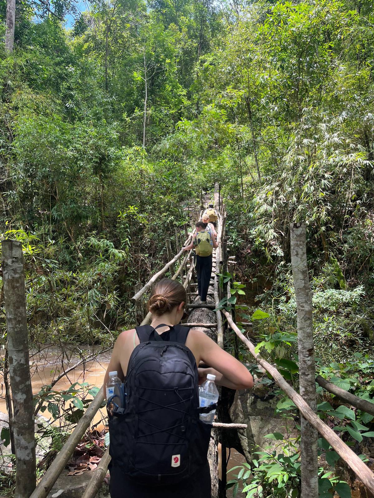 A trekker crossing a narrow bamboo bridge over a jungle river
