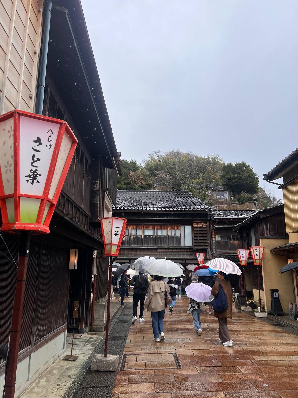 Lanterns and umbrellas in Higashi Chaya on a rainy day