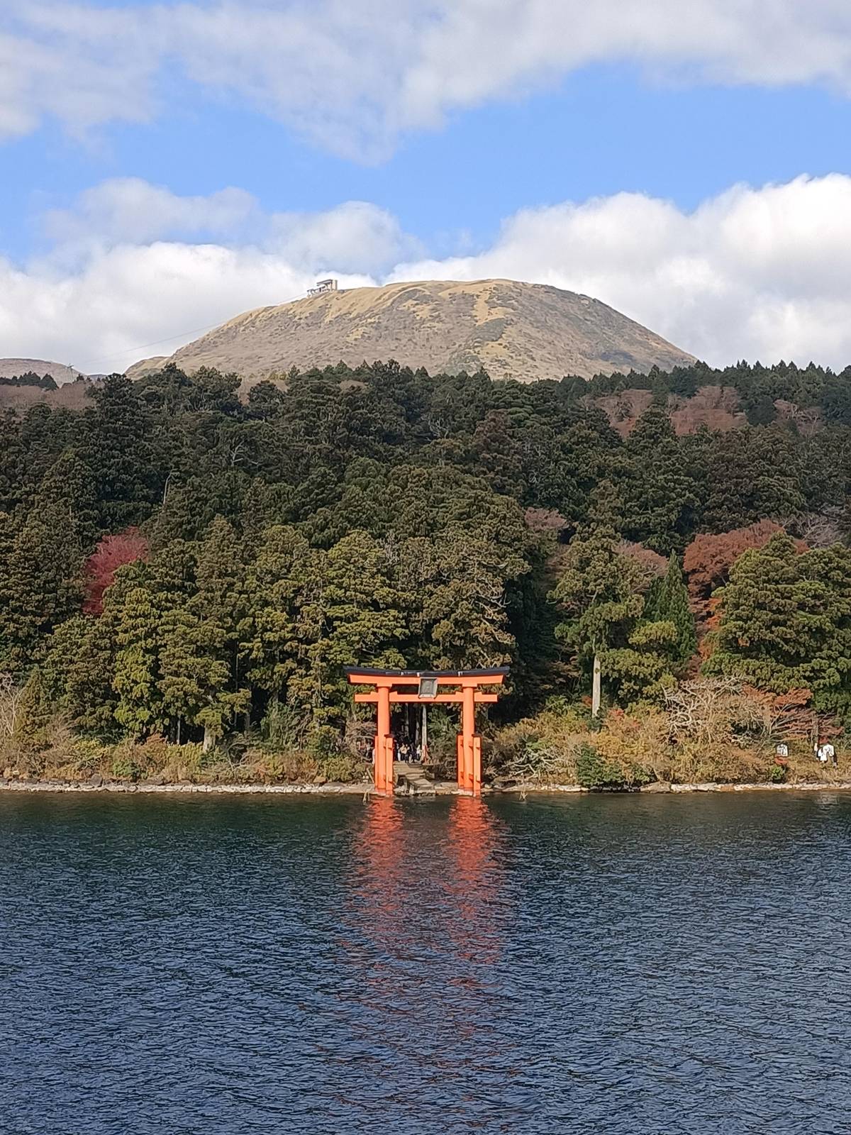 Komagatake above the lake, with the torii at its foot