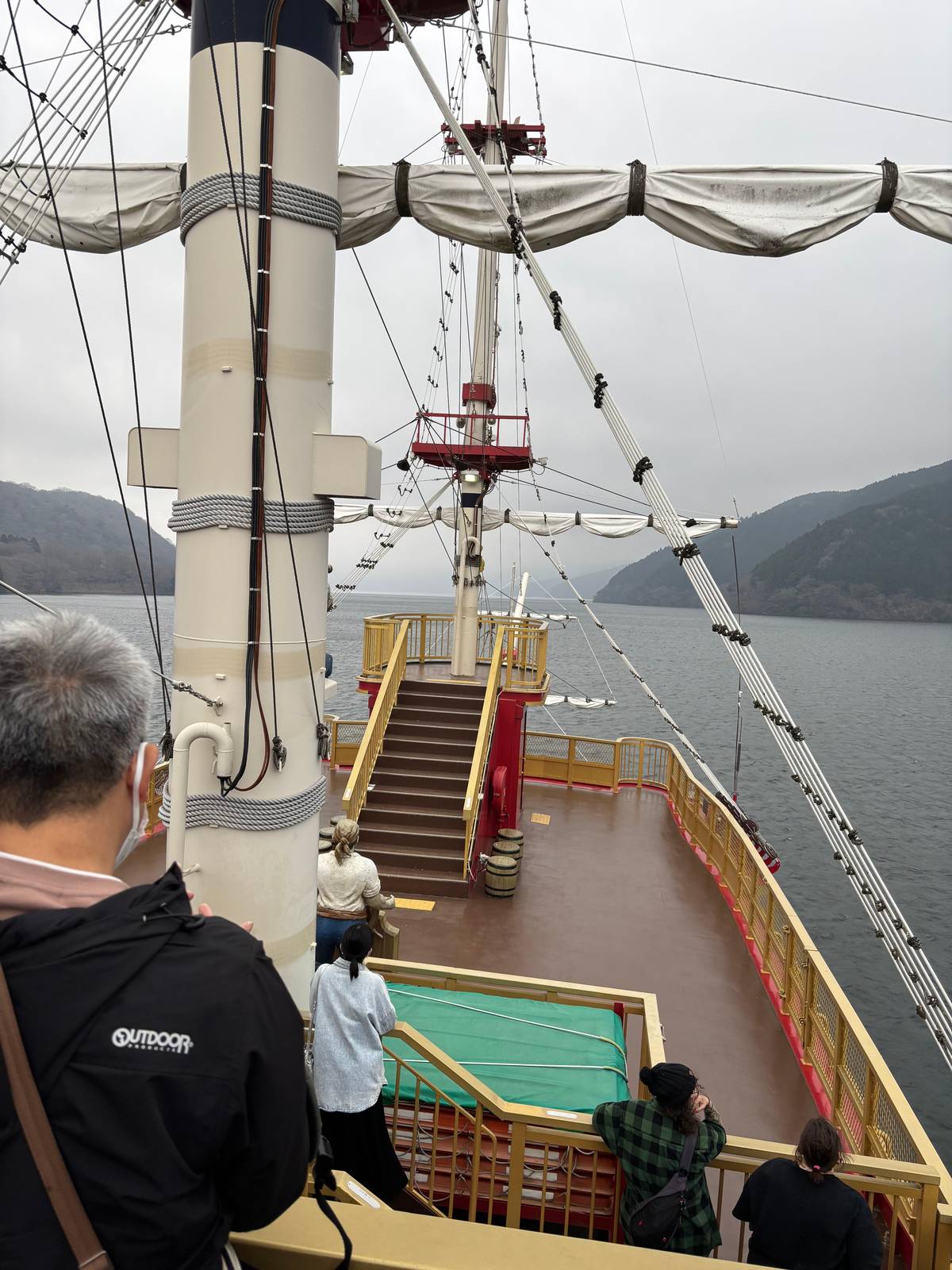 On deck, looking forward over the bow and rigging