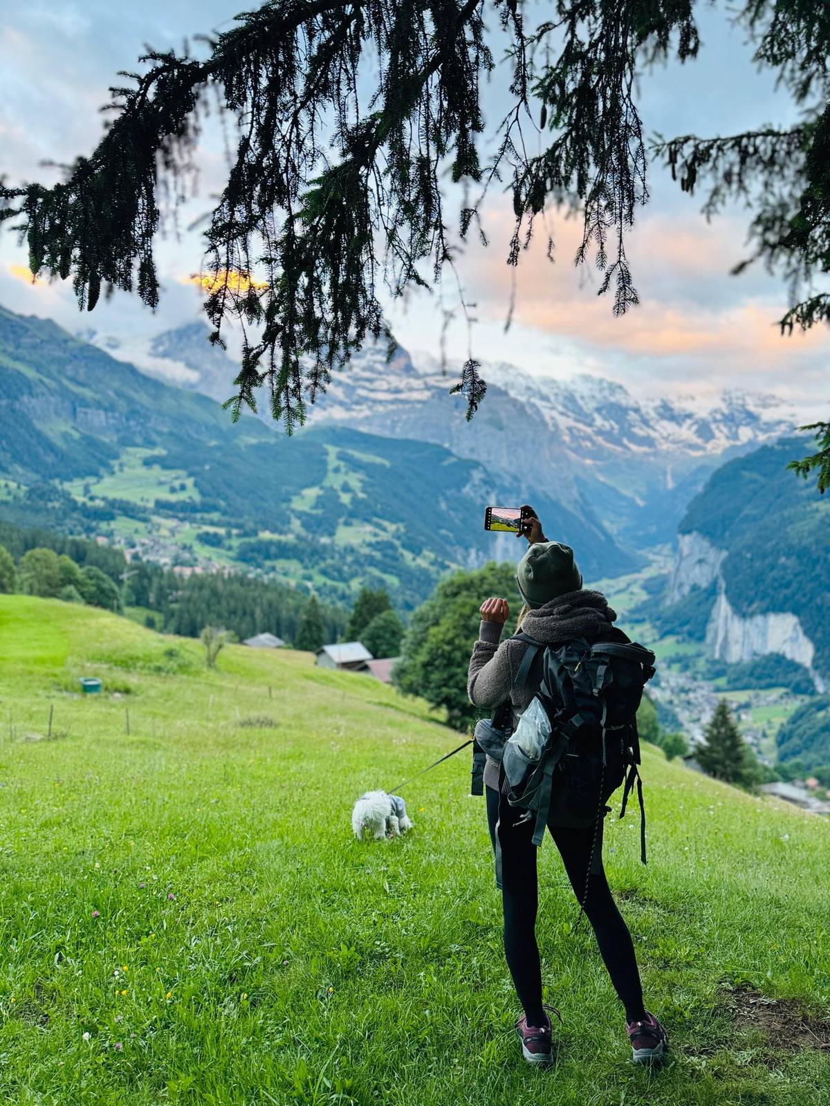 A hiker on a meadow above the Lauterbrunnen Valley